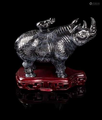 A Chinese Black and White Jade Rhinoceros-Form Covered