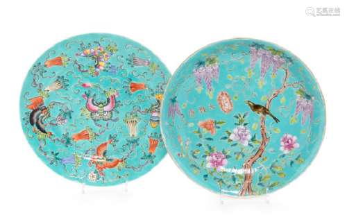 Two Chinese Turquoise Ground Famille Rose Porcelain