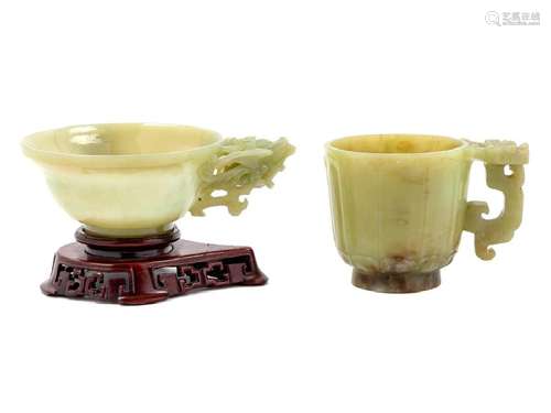 Two Chinese Celadon Jade Handled Cups the first with