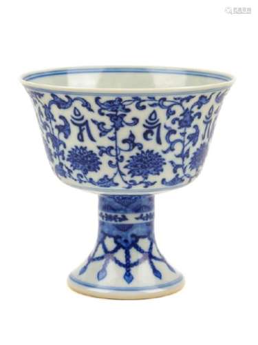 A Chinese Blue and White Porcelain Stem Cup the cup has