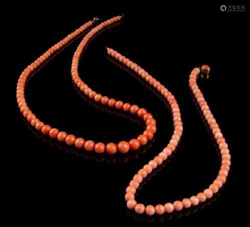 Two Chinese Coral Beaded Necklaces 20TH CENTURY each