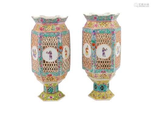 A Pair of Chinese Famille Rose Porcelain Lanterns of