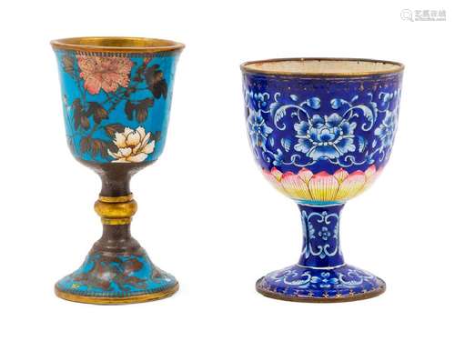 Two Chinese Painted Enamel Cups both painted on blue