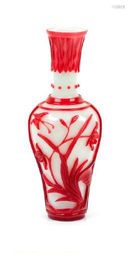 A Small Chinese Red Overlay White Glass Yen-Yen Vase