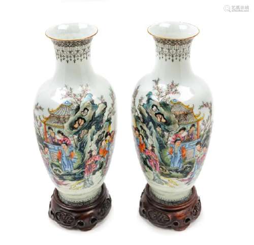 A Pair of Chinese Polychrome Enameled Porcelain Vases