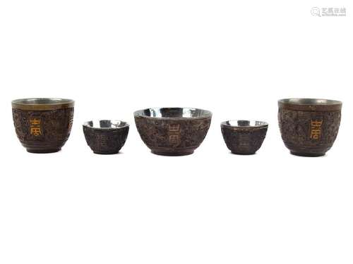 Five Chinese Silver Inlaid Coconut Shell Wine Cups 19TH