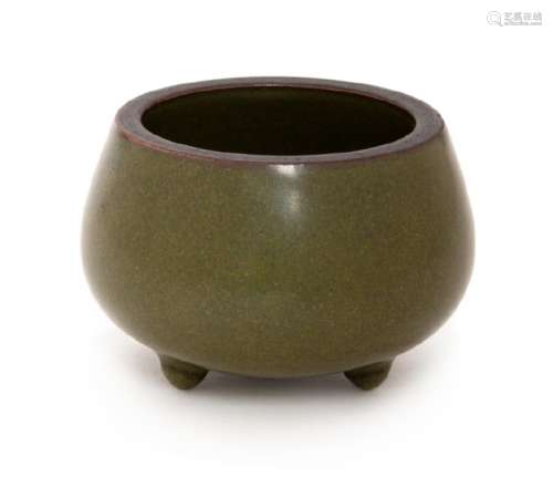 A Small Chinese Teadust Glazed Porcelain Tripod Censer