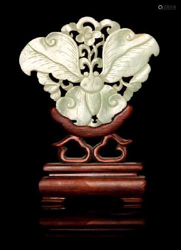 A Chinese Carved Celadon Jade Butterfly-Form Pendant