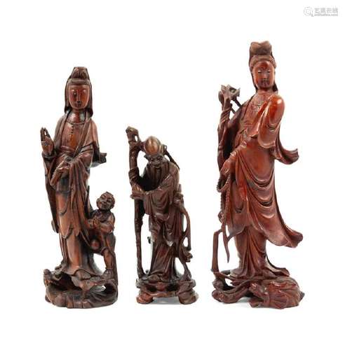 Three Chinese Carved Wood Figures of Immortals 20TH