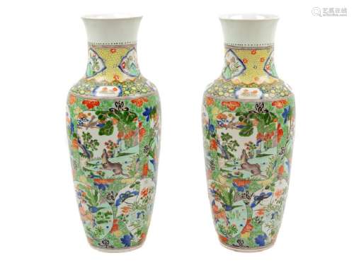 A Pair of Chinese Famille Verte Porcelain Rouleau Vases