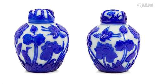 A Pair of Chinese Sapphire-Blue Overlay White Peking