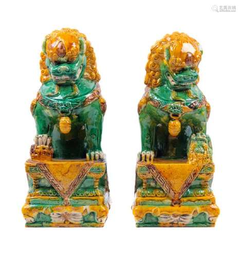 A Pair of Chinese Sancai Glazed Porcelain Fu Lions 20TH