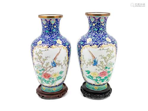 A Pair of Chinese Canton Enamel on Copper Vases 19TH