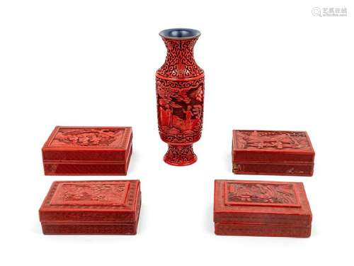 A Group of Five Chinese Carved Red Lacquer Articles