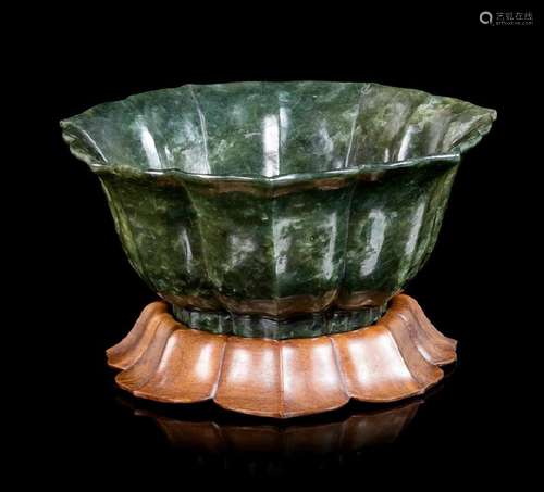 A Chinese Spinach Lobed Jade Bowl LATE 19TH/EARLY 20TH