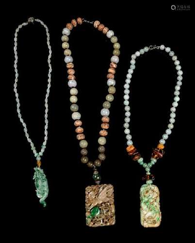 Three Chinese Jade, Jadeite and Hardstone Beaded