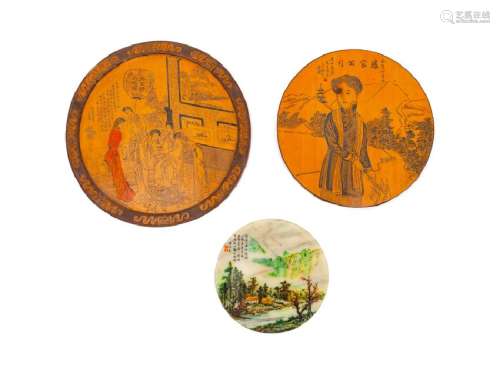 Three Chinese Painted Porcelain and Bamboo Panels 20TH