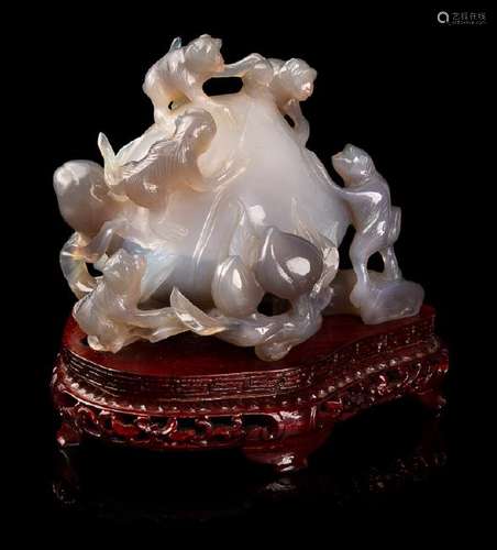 A Chinese Carved Agate 'Monkey and Peach' Figural Group