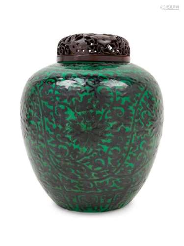 A Chinese Black Decorated Green Glazed Ginger Jar 20TH