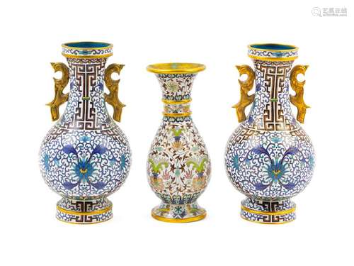 Three Chinese White Ground Cloissoné Enamel Bottle