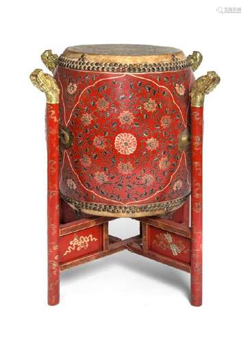 A Chinese Lacquer Drum on Stand 20TH CENTURY the drum