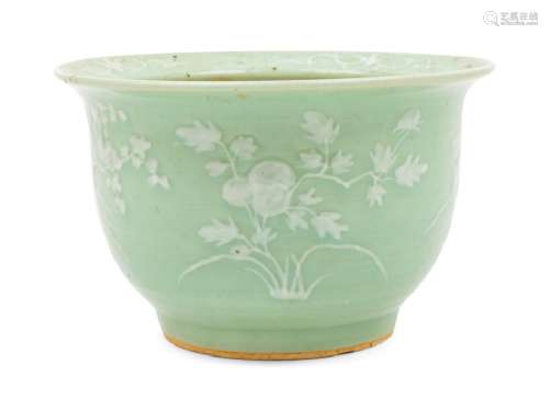 A Chinese Celadon Glazed Porcelain Cache Pot of deeply
