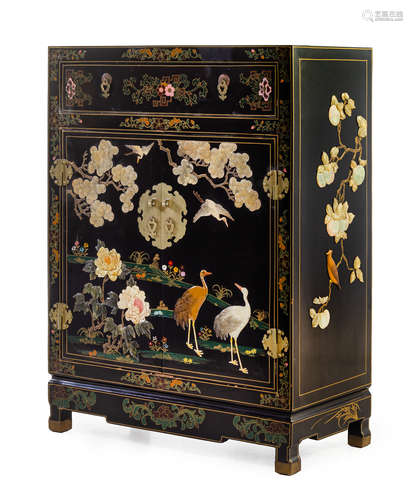 A Chinese Hardstone Embellished Black Lacquered Wood