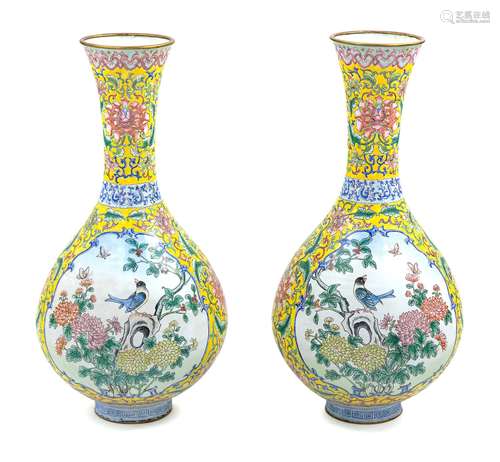 A Pair of Chinese Canton Enamel on Copper Vases 19TH