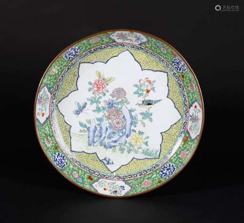 A CHINESE ENAMELED BRONZE DISH, QING DYNASTY