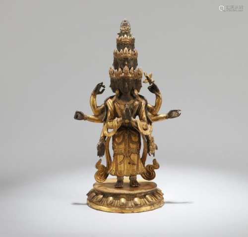 A CHINESE GILT BRONZE FIGURE OF GUANYIN, QING DYNASTY