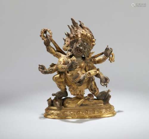 A CHINESE GILT BRONZE FIGURE OF YAMANTAKA, QING DYNASTY