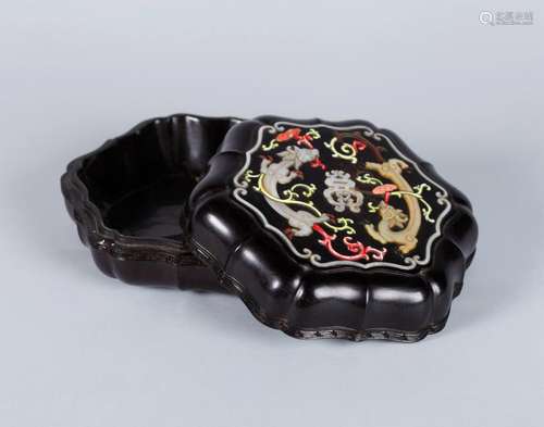 A CHINESE STONE INLAID ZITAN BOX AND COVER, 18TH