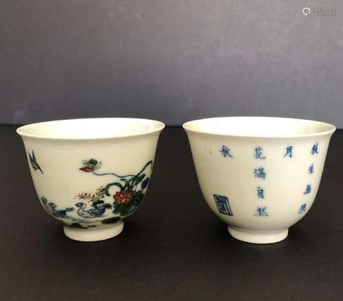 A PAIR OF CHINESE DOUCAI 'MONTH' CUPS, KANGXI MARK,