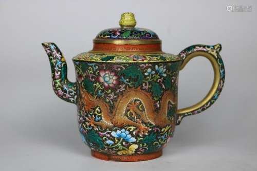 A CHINESE ENAMELED ZISHA POT, QING