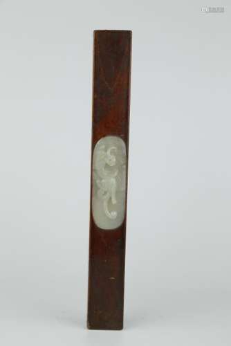 A CHINESE JADE INLAID WOOD RULER