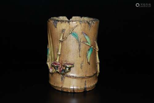 A CHINESE FAUX BAMBOO BRUSH POT, REPUBLIC PERIOD