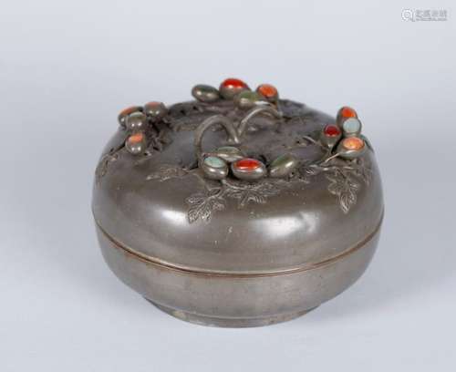 A CHINESE STONE INLAID PEWTER BOX