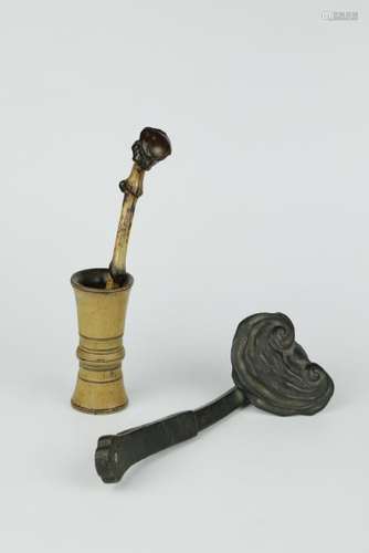 A CHINESE BRONZE RUYI AND A BAMBOO STICK HOLDER, QING