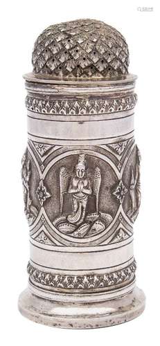 An Indian silver sugar castor: of cylindrical outline, with pierced domed screw-off lid,