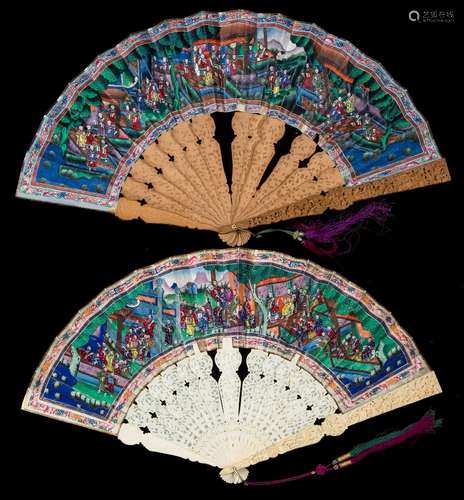 A 19th century Cantonese carved ivory 'Thousand faces' fan: with carved ivory sticks and guards,