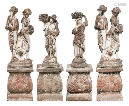 Four reconstituted stone statues: depicting rustic peasants,