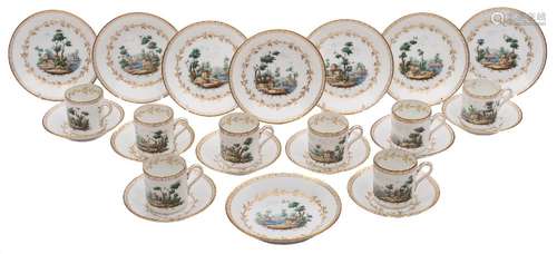 A Richard Ginori porcelain coffee set: painted in the 18th century manner with vignettes of