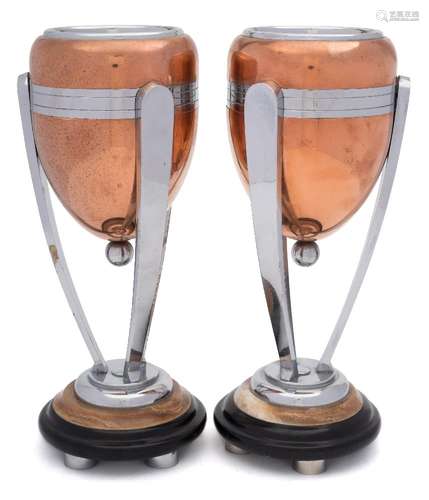 A pair of Art Deco copper and chrome vases: of conical tapering form,