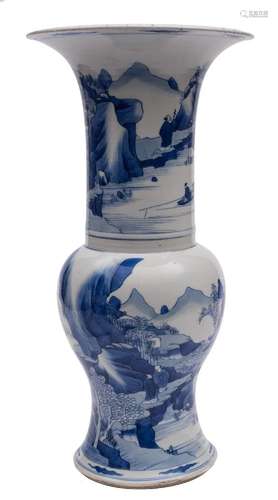 A Chinese blue and white yen yen vase: the neck and base painted with extensive mountainous lake