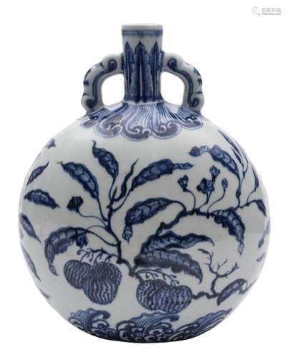 A Chinese Ming-style blue and white moon flask: of flattened circular form with scroll handles,