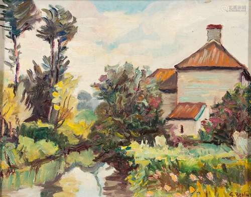 * Guillermo Bestard-Canaves [1881-1969]- Cottage by a stream,:- signed bottom right, oil on board,