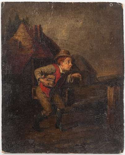 Circle of Thomas Webster [1800-1886]- A thief in the night,:- oil on board, 21 x 17cm, unframed.