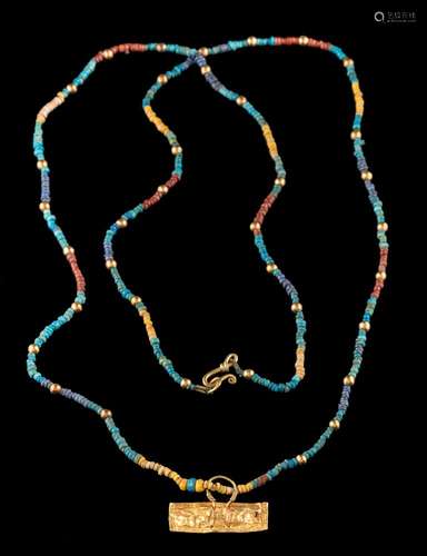 A faience and gold bead single-string necklace: with hook clasp and suspending a rectangular