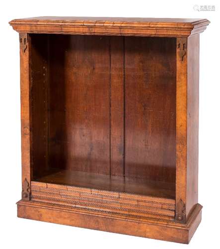 A Victorian burr walnut veneer low open bookcase:, the top with a moulded edge,