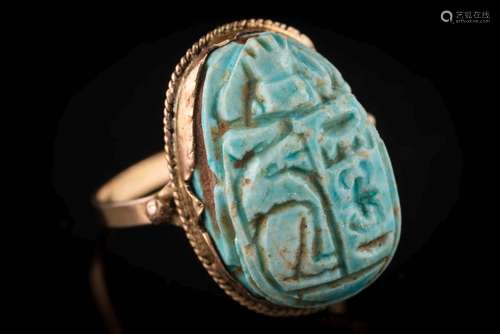 A faience scarab beetle bead mounted ring:.